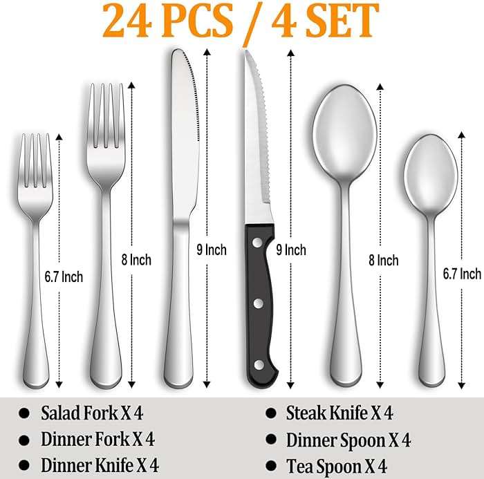 24 Pcs Silverware Set with Steak Knives for 4, Stainless Steel Flatware Set, Mirror Polished Cutlery Utensil Sets, Home Kitchen Eating Tableware, Dishwasher Safe - Image 3