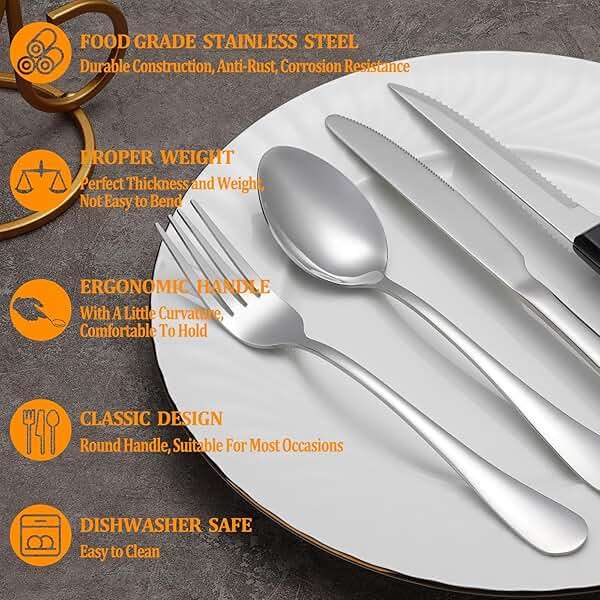 24 Pcs Silverware Set with Steak Knives for 4, Stainless Steel Flatware Set, Mirror Polished Cutlery Utensil Sets, Home Kitchen Eating Tableware, Dishwasher Safe - Image 4
