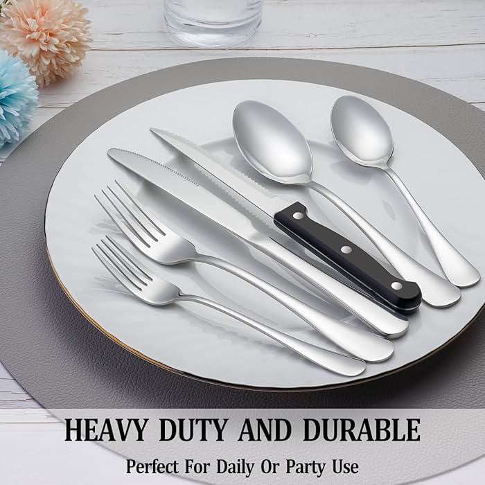 24 Pcs Silverware Set with Steak Knives for 4, Stainless Steel Flatware Set, Mirror Polished Cutlery Utensil Sets, Home Kitchen Eating Tableware, Dishwasher Safe - Image 7