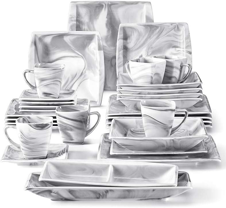 MALACASA Dinnerware Sets, 32 Pieces Porcelain Plates and Bowls Sets for 6, Marble Grey Dishes with Plates and Bowls, Cups and Saucers, Side Dish Plates, Square Dinner Set, Series Blance - Image 1