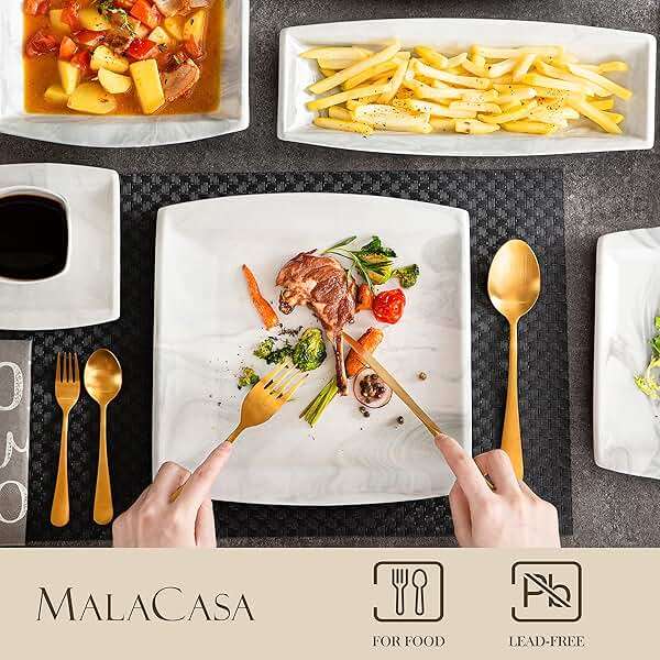 MALACASA Dinnerware Sets, 32 Pieces Porcelain Plates and Bowls Sets for 6, Marble Grey Dishes with Plates and Bowls, Cups and Saucers, Side Dish Plates, Square Dinner Set, Series Blance - Image 2