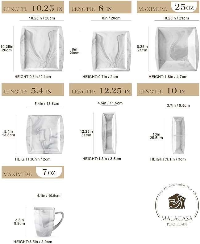 MALACASA Dinnerware Sets, 32 Pieces Porcelain Plates and Bowls Sets for 6, Marble Grey Dishes with Plates and Bowls, Cups and Saucers, Side Dish Plates, Square Dinner Set, Series Blance - Image 3