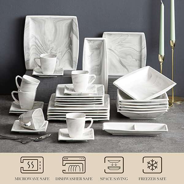 MALACASA Dinnerware Sets, 32 Pieces Porcelain Plates and Bowls Sets for 6, Marble Grey Dishes with Plates and Bowls, Cups and Saucers, Side Dish Plates, Square Dinner Set, Series Blance - Image 4