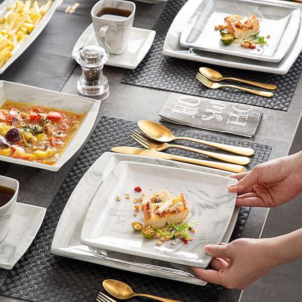 MALACASA Dinnerware Sets, 32 Pieces Porcelain Plates and Bowls Sets for 6, Marble Grey Dishes with Plates and Bowls, Cups and Saucers, Side Dish Plates, Square Dinner Set, Series Blance - Image 6