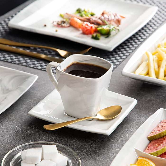 MALACASA Dinnerware Sets, 32 Pieces Porcelain Plates and Bowls Sets for 6, Marble Grey Dishes with Plates and Bowls, Cups and Saucers, Side Dish Plates, Square Dinner Set, Series Blance - Image 7
