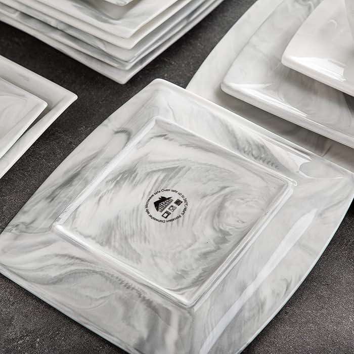 MALACASA Dinnerware Sets, 32 Pieces Porcelain Plates and Bowls Sets for 6, Marble Grey Dishes with Plates and Bowls, Cups and Saucers, Side Dish Plates, Square Dinner Set, Series Blance - Image 9