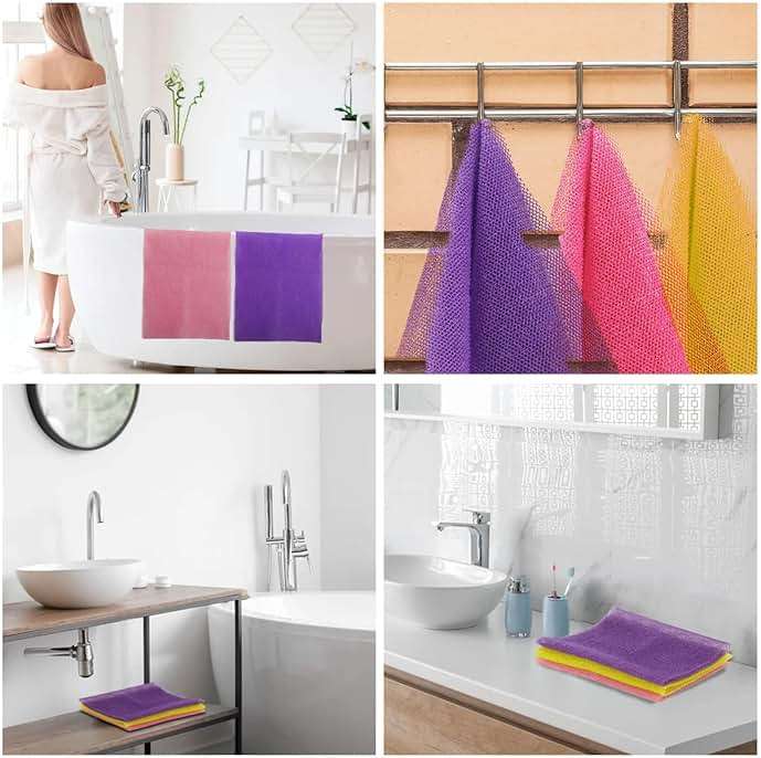 UJFQBH 3 Pieces African Bath Sponge African Net Long Net Bath Sponge Exfoliating Shower Body Scrubber Back Scrubber Skin Smoother,Great for Daily Use (Pink,Yellow,Purple) - Image 8