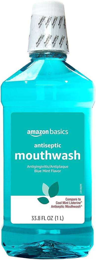 Amazon Basics Antiseptic Mouthwash, Blue Mint, Fights Bad Breath, Plaque and Gingivitis, 1 Liter, 33.8 Fl Oz, 1-Pack (Previously Solimo) - Image 1
