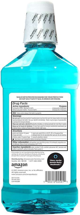 Amazon Basics Antiseptic Mouthwash, Blue Mint, Fights Bad Breath, Plaque and Gingivitis, 1 Liter, 33.8 Fl Oz, 1-Pack (Previously Solimo) - Image 2
