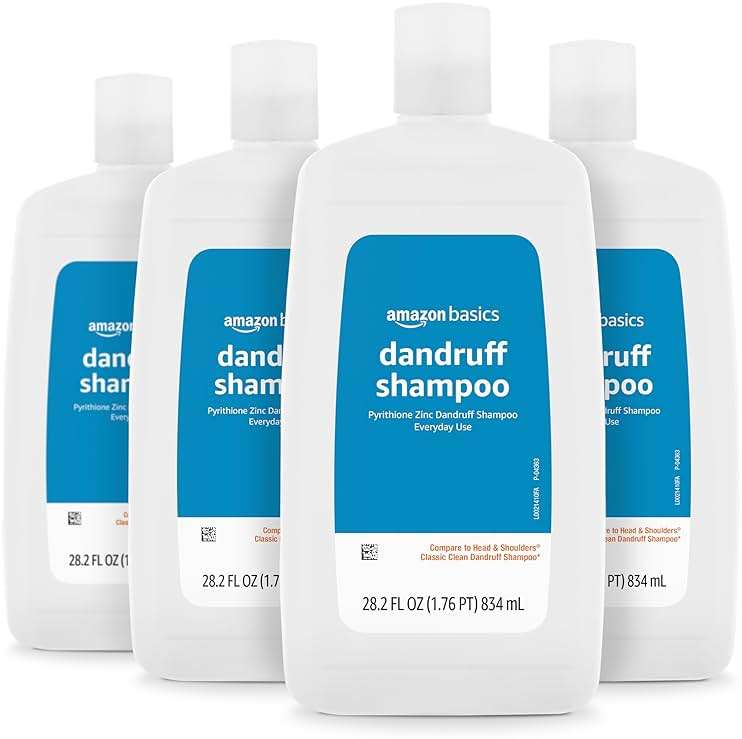 Amazon Basics Anti-Dandruff Shampoo for Itchy Scalp, Flaky and Dry Scalp, pH Balanced, Paraben-Free, Clean Scent, Normal to Oily Hair, 28.2 Ounce, 4-Pack - Image 1
