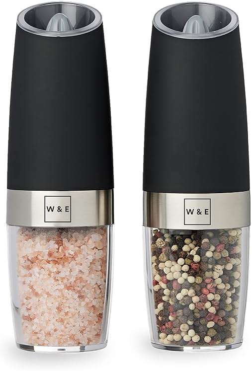 Willow & Everett Electric Salt and Pepper Grinder Set - 2 Battery-Operated, Automatic Salt and Pepper Shakers - Black and Stainless Steel Gravity Electric Salt Grinder & Pepper Mill for Seasoning - Image 2