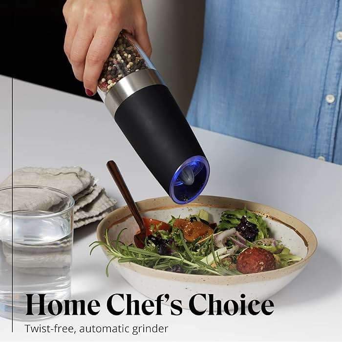 Willow & Everett Electric Salt and Pepper Grinder Set - 2 Battery-Operated, Automatic Salt and Pepper Shakers - Black and Stainless Steel Gravity Electric Salt Grinder & Pepper Mill for Seasoning - Image 3