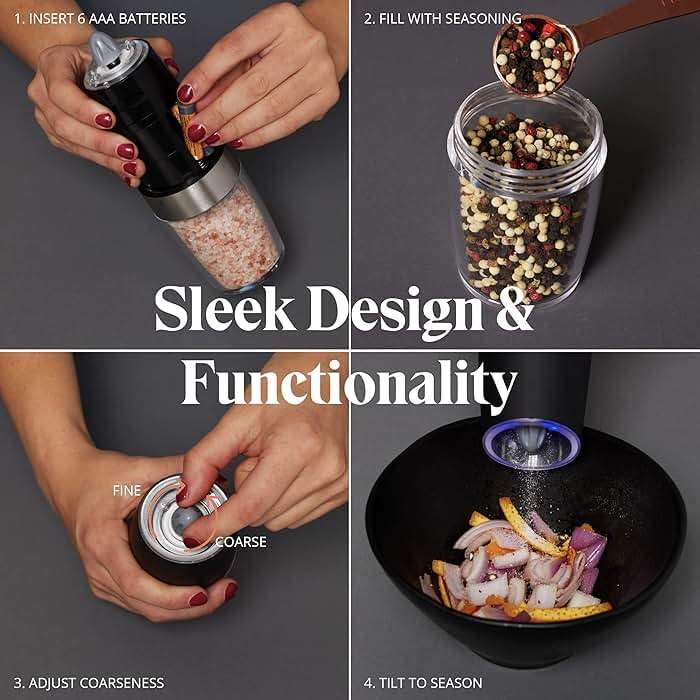 Willow & Everett Electric Salt and Pepper Grinder Set - 2 Battery-Operated, Automatic Salt and Pepper Shakers - Black and Stainless Steel Gravity Electric Salt Grinder & Pepper Mill for Seasoning - Image 4