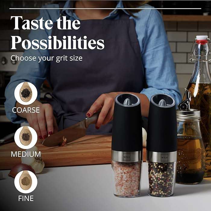 Willow & Everett Electric Salt and Pepper Grinder Set - 2 Battery-Operated, Automatic Salt and Pepper Shakers - Black and Stainless Steel Gravity Electric Salt Grinder & Pepper Mill for Seasoning - Image 5