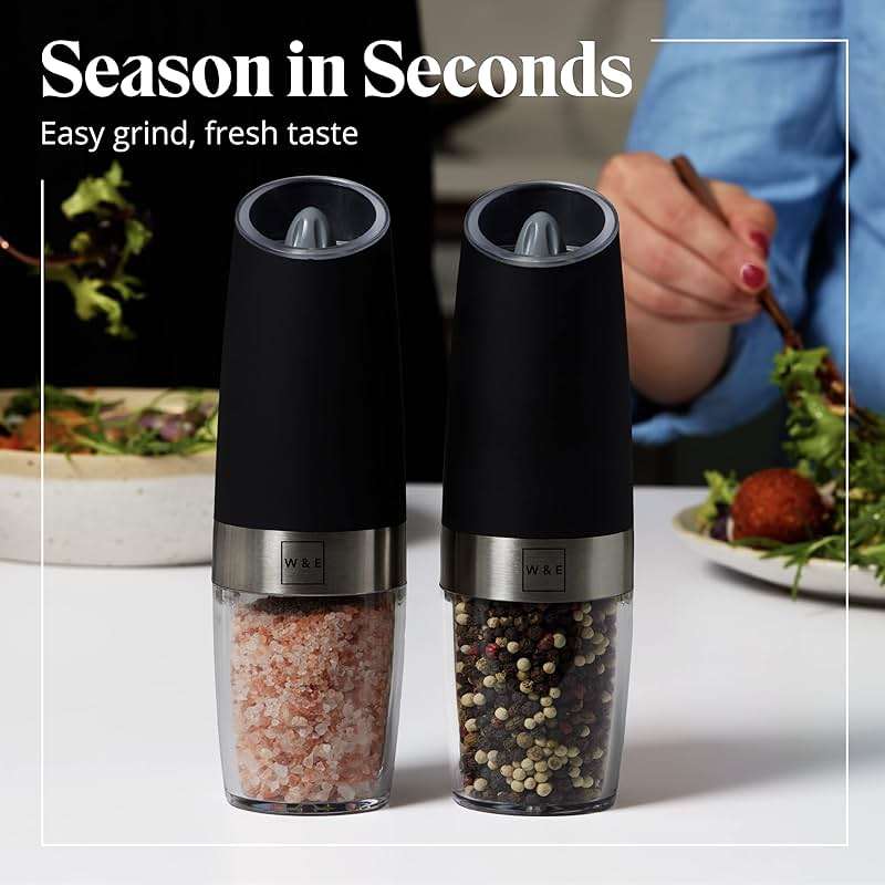 Willow & Everett Electric Salt and Pepper Grinder Set - 2 Battery-Operated, Automatic Salt and Pepper Shakers - Black and Stainless Steel Gravity Electric Salt Grinder & Pepper Mill for Seasoning - Image 7