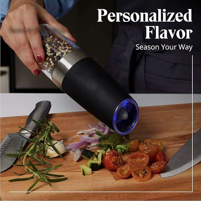 Willow & Everett Electric Salt and Pepper Grinder Set - 2 Battery-Operated, Automatic Salt and Pepper Shakers - Black and Stainless Steel Gravity Electric Salt Grinder & Pepper Mill for Seasoning - Image 8