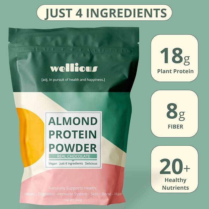 wellious Almond Protein Powder (Chocolate) - 18 Grams of Pure Healthiest Vegan Protein for Women & Men - Perfect Soy-Free & Smooth Gut Friendly Protein Powder for Sports Nutrition - Image 2
