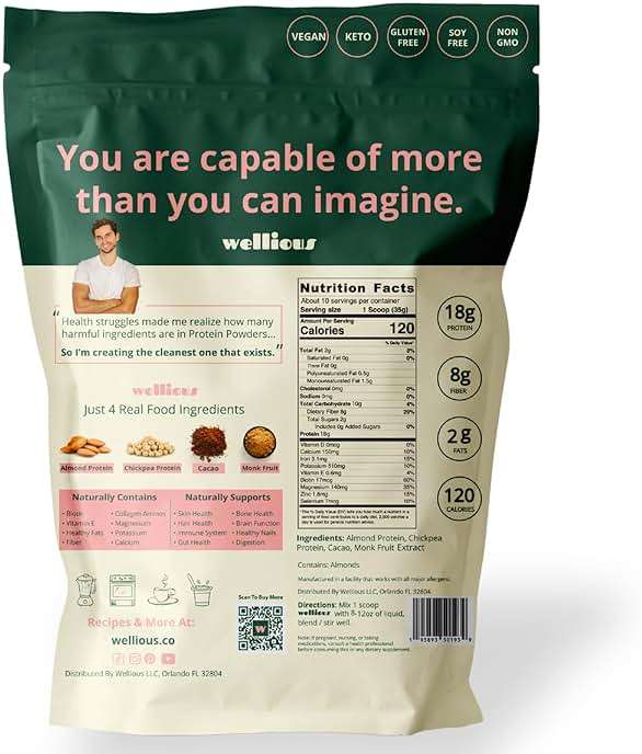 wellious Almond Protein Powder (Chocolate) - 18 Grams of Pure Healthiest Vegan Protein for Women & Men - Perfect Soy-Free & Smooth Gut Friendly Protein Powder for Sports Nutrition - Image 9