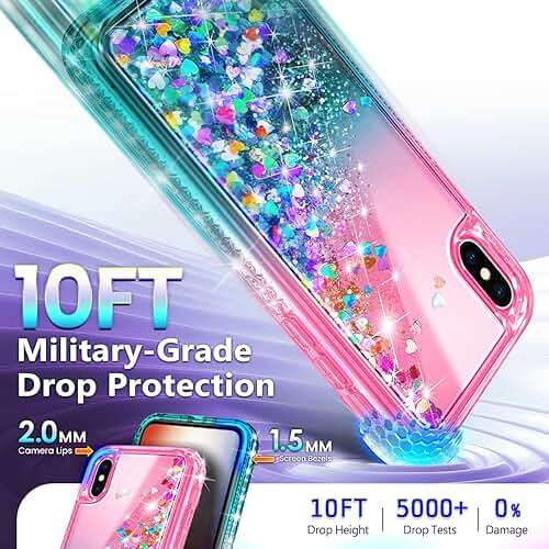 NGB Designed for iPhone XR Phone Case, Pink/Aqua | Glitter Liquid Sparkle Cute Cover for Women Girls Kids | with Tempered Glass Screen Protector & Ring Holder & Wrist Strap Lanyard - Image 5