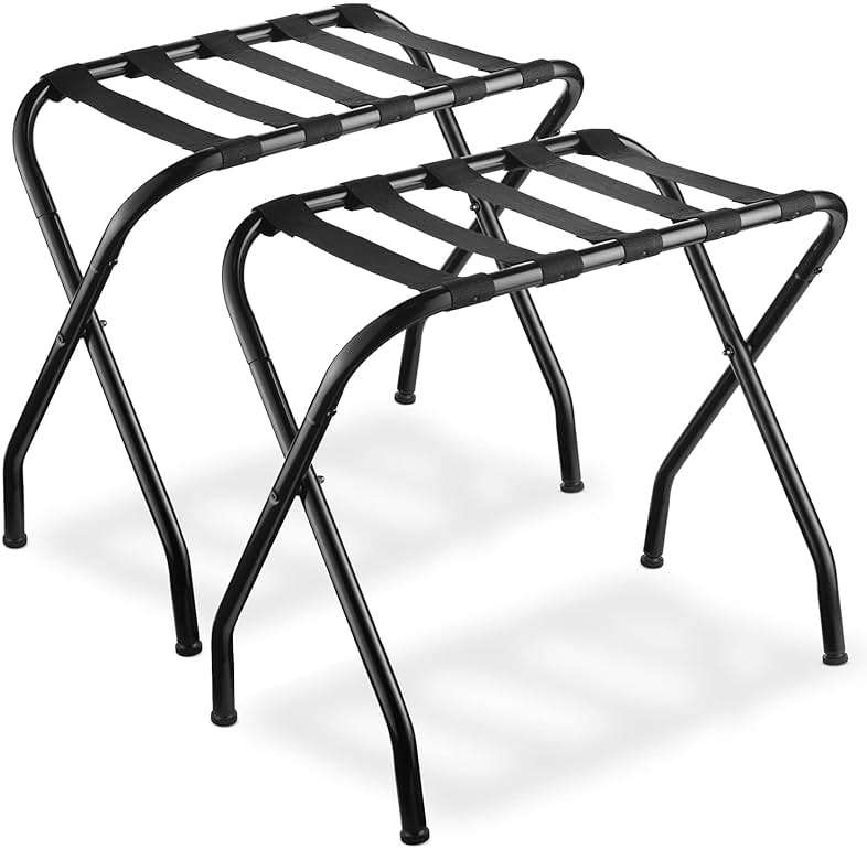 Bartnelli 2-Pack Folding Luggage Rack Collapsible Metal Suitcase Stand with Durable Black Nylon Straps- for Bedroom, Guest Room, or Hotel (Black Steel) - Image 1