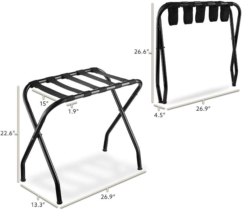 Bartnelli 2-Pack Folding Luggage Rack Collapsible Metal Suitcase Stand with Durable Black Nylon Straps- for Bedroom, Guest Room, or Hotel (Black Steel) - Image 3