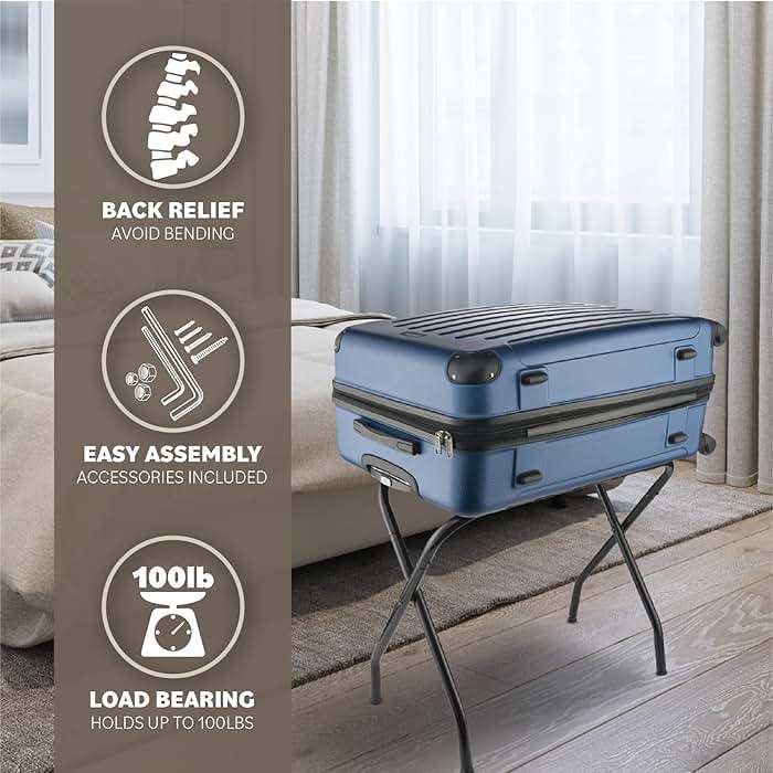 Bartnelli 2-Pack Folding Luggage Rack Collapsible Metal Suitcase Stand with Durable Black Nylon Straps- for Bedroom, Guest Room, or Hotel (Black Steel) - Image 4