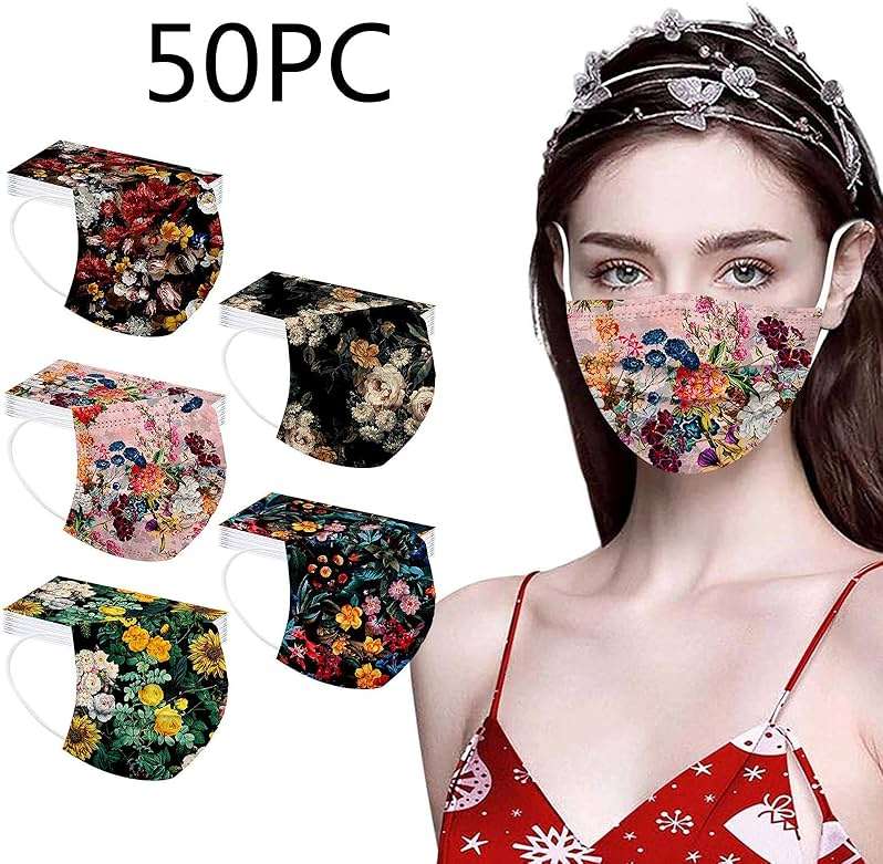 50PC Flower Disposable Face_Masks for Women, 3-Ply Colorful Floral Breathable Face_Mask with Nose Wire, Protective Facemask with Printed Design for Adults Holiday Party - Image 2