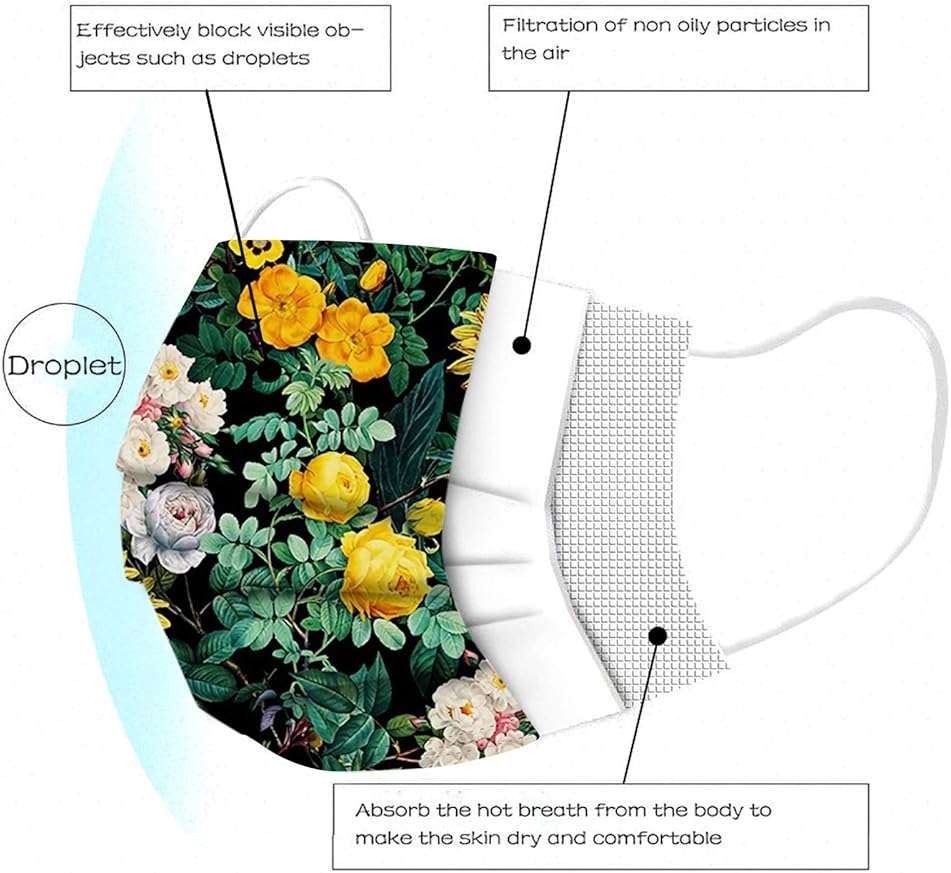 50PC Flower Disposable Face_Masks for Women, 3-Ply Colorful Floral Breathable Face_Mask with Nose Wire, Protective Facemask with Printed Design for Adults Holiday Party - Image 8
