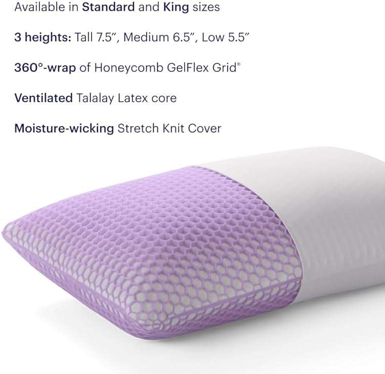 Purple Harmony Pillow - Tall Loft, King Size - Cooling Gel Neck and Side Sleeper Pillow, Weightless Medium Feel, GelFlex Grid and Talalay Latex Foam for Pressure-Relieving Support - Image 3