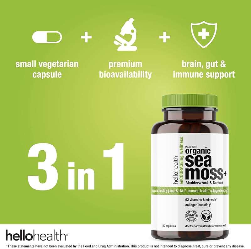 HELLO HEALTH Irish Sea Moss Capsules Wildcrafted Sea Moss, Burdock Root & Bladderwrack Prebiotic Super Food for Immune Support, Thyroid Support, Natural Energy, -120 Caps - Image 6