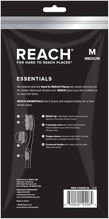 Reach Essentials Toothbrush with Toothbrush Covers, Multi-Angled Medium Bristles, Contoured Handle, Tongue Scraper, 6 Count - Image 2
