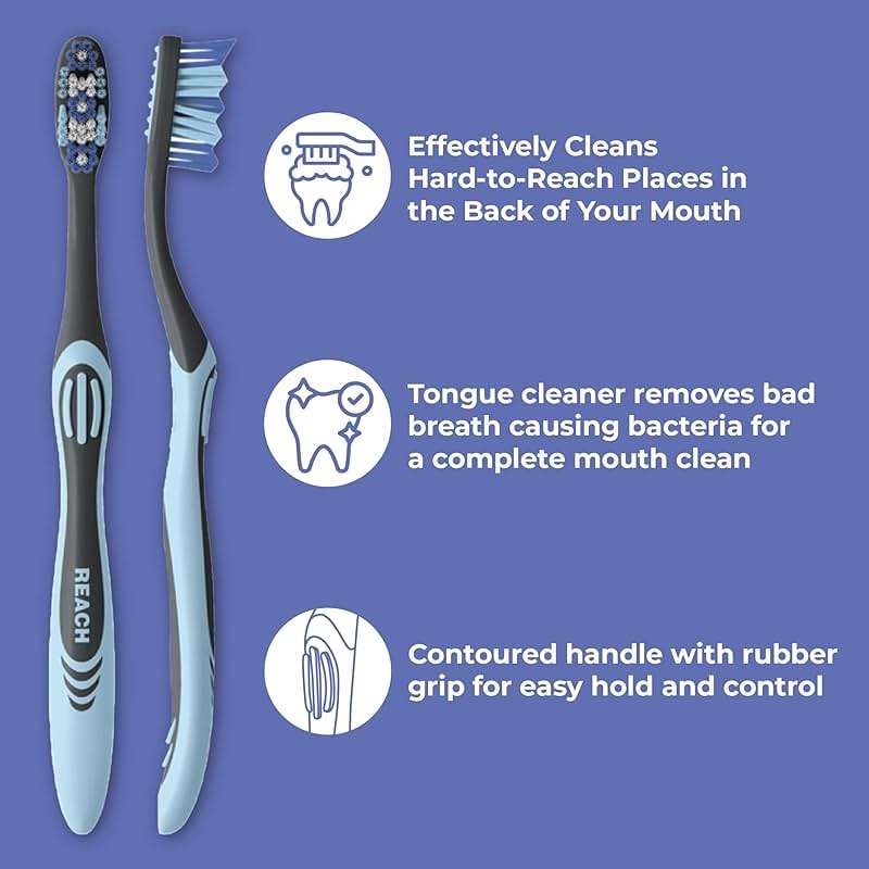 Reach Essentials Toothbrush with Toothbrush Covers, Multi-Angled Medium Bristles, Contoured Handle, Tongue Scraper, 6 Count - Image 3