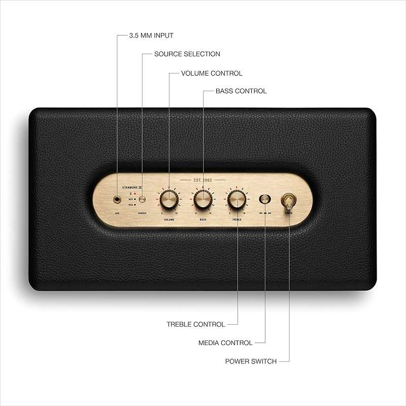 Marshall Stanmore III Bluetooth Home Speaker - Loud Stereo Sound with Bass and Treble Controls | Plug-in Powered | Record Player Compatible | RCA and 3.5mm Aux Inputs - Black - Image 6