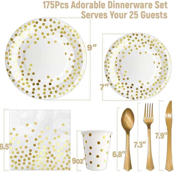 AIRE 175PCS White and Gold Paper Plates Party Supplies for 25 Guests Disposable Party Decorations Dinnerware Golden Dot Paper Plates Napkins Cups Gold Plastic Forks Knives Spoons for Wedding Birthday - Image 3