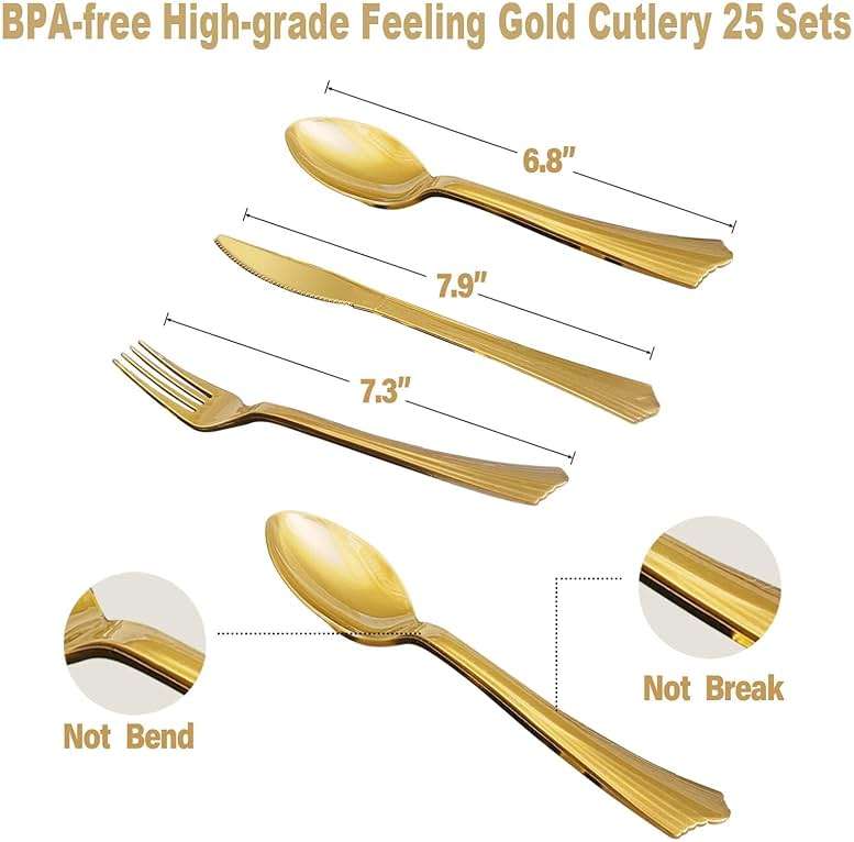 AIRE 175PCS White and Gold Paper Plates Party Supplies for 25 Guests Disposable Party Decorations Dinnerware Golden Dot Paper Plates Napkins Cups Gold Plastic Forks Knives Spoons for Wedding Birthday - Image 6