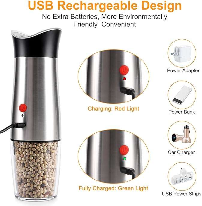 Electric Salt and Pepper Grinder Set: - for Gravity Automatic Sea Salt Grinder Set Spice Pepper Shakers with Adjustable Coarseness USB Rechargeable Battery Power Peppercorn Mill - Image 3
