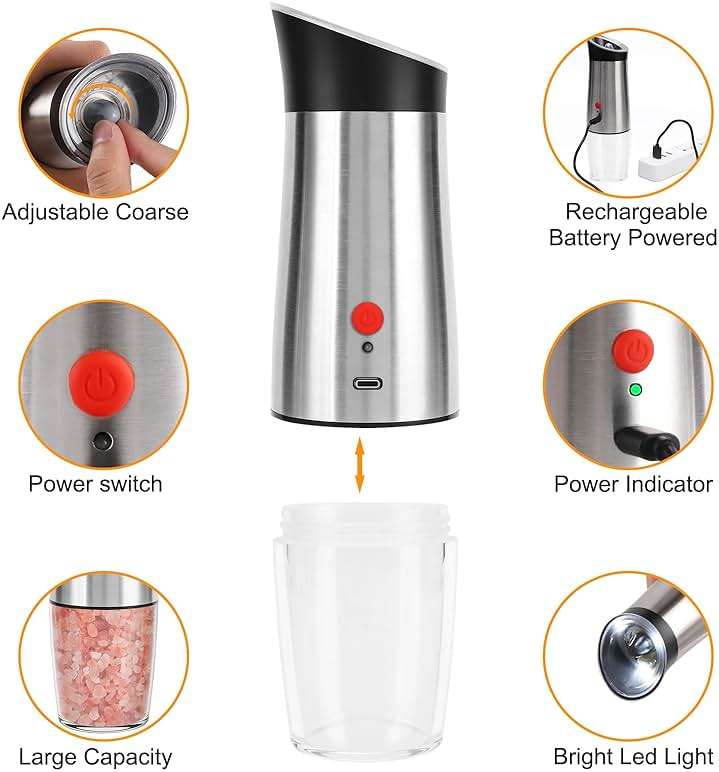 Electric Salt and Pepper Grinder Set: - for Gravity Automatic Sea Salt Grinder Set Spice Pepper Shakers with Adjustable Coarseness USB Rechargeable Battery Power Peppercorn Mill - Image 6