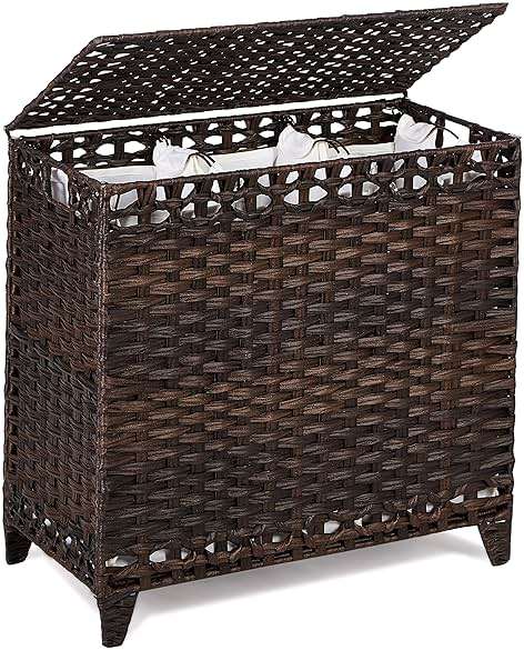Laundry Hamper with 3 Removable Liner Bags; 132L Handwoven Rattan Laundry Basket with Lid & Heightened Feet; Clothes Hamper with Side Handles; Laundry Sorter with 3 Separate Sections - Image 1