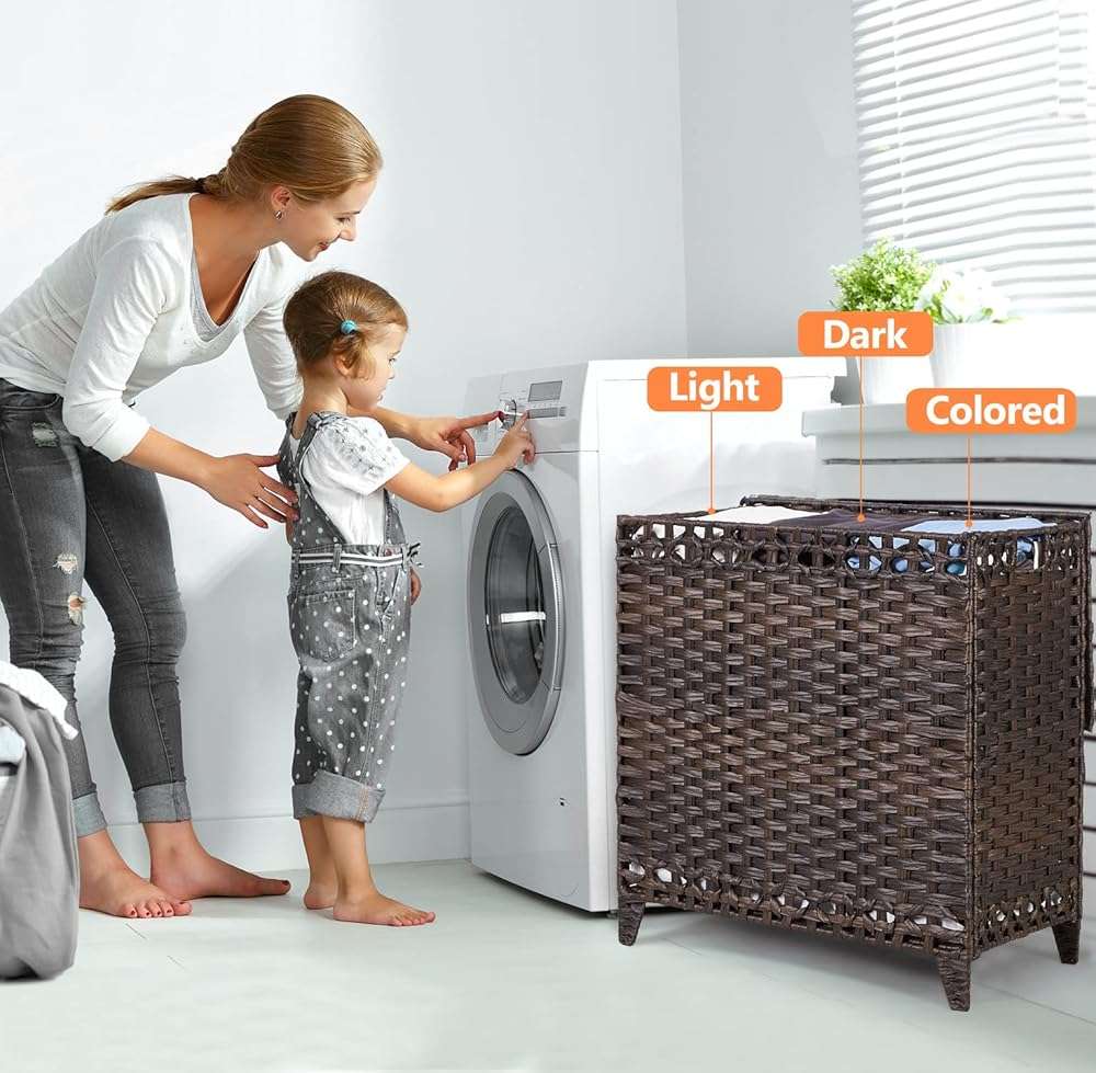 Laundry Hamper with 3 Removable Liner Bags; 132L Handwoven Rattan Laundry Basket with Lid & Heightened Feet; Clothes Hamper with Side Handles; Laundry Sorter with 3 Separate Sections - Image 2