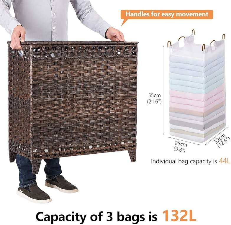Laundry Hamper with 3 Removable Liner Bags; 132L Handwoven Rattan Laundry Basket with Lid & Heightened Feet; Clothes Hamper with Side Handles; Laundry Sorter with 3 Separate Sections - Image 3