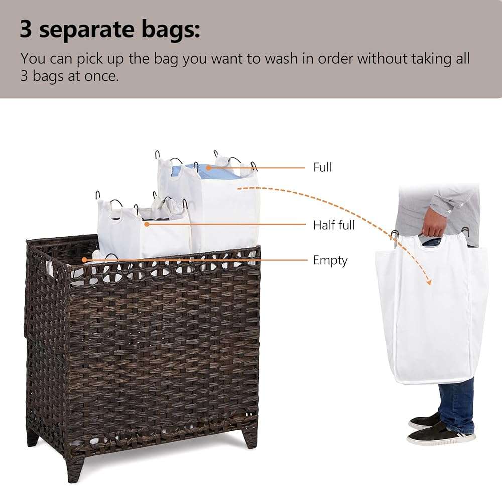 Laundry Hamper with 3 Removable Liner Bags; 132L Handwoven Rattan Laundry Basket with Lid & Heightened Feet; Clothes Hamper with Side Handles; Laundry Sorter with 3 Separate Sections - Image 4