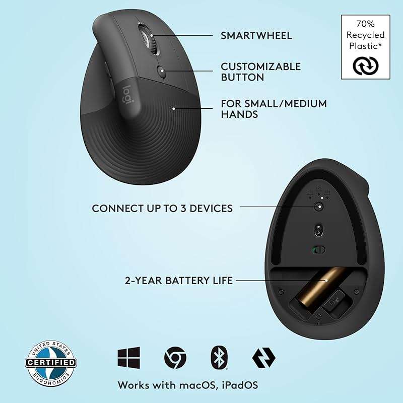 Logitech Lift Vertical Ergonomic Mouse, Wireless, Bluetooth or Logi Bolt USB Receiver, Quiet clicks, 6 Buttons, Compatible with Windows/macOS/iPadOS, Laptop, PC - Graphite - Image 6