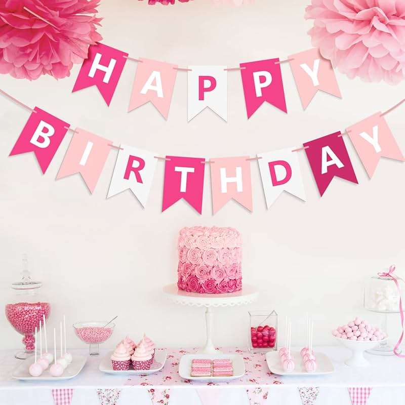 Waenerec Pink Happy Birthday Banner Sign Happy Birthday Bunting Banner Garland for Kids Girls Baby 1st Birthday Tea Party Decorations Bunting Flag Birthday Party Supplies - Image 2