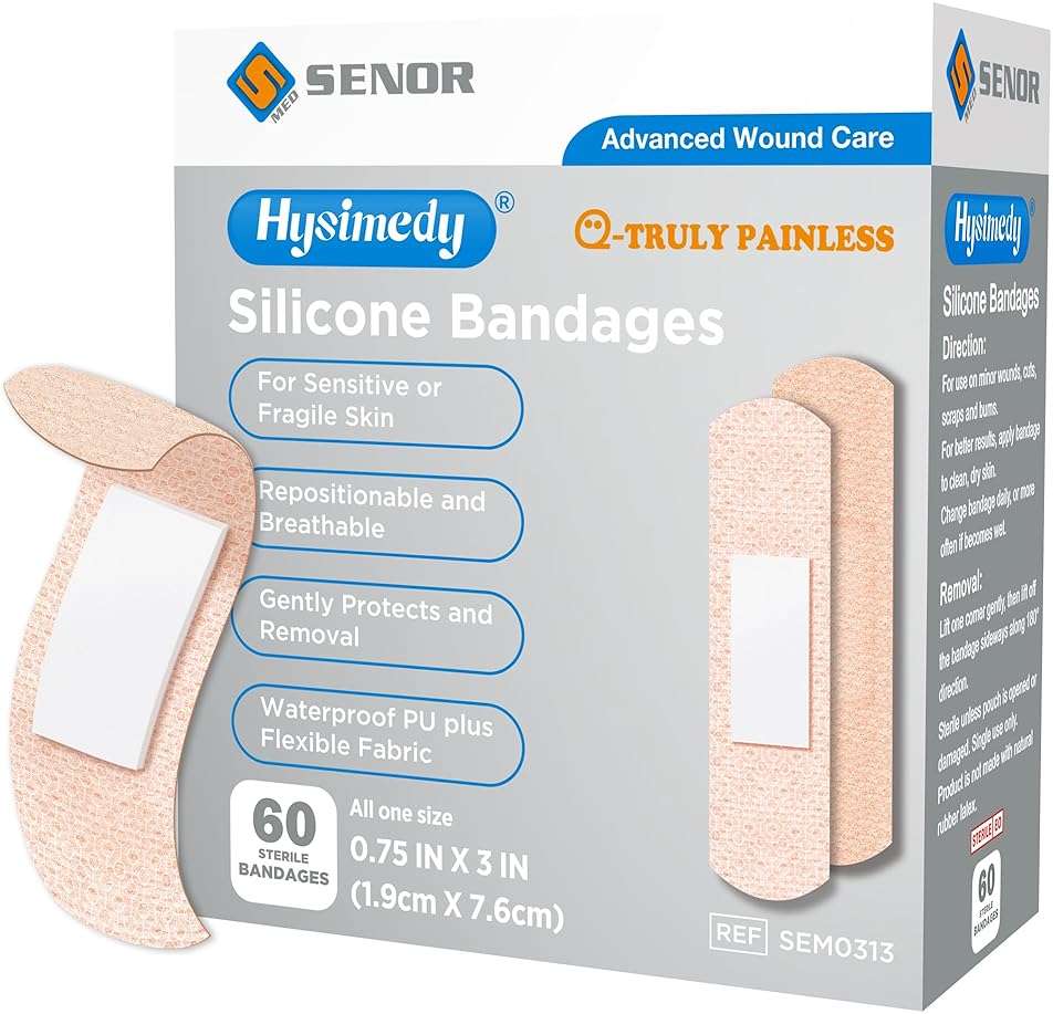 Hysimedy Silicone Bandages for Sensitive Fragile Skin 3/4"x3" 60 Count Flexible Fabric Latex Free Hypoallergenic Breathable Small Bandages for Wounds Easy Painless Removal for Geriatric and Children - Image 1