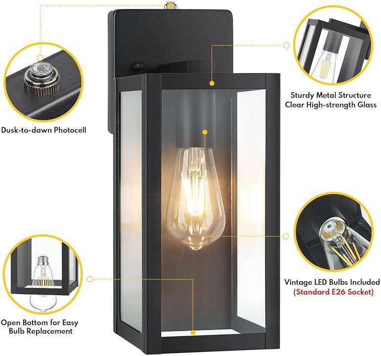 BesLowe 2-Pack Dusk to Dawn Outdoor Wall Lanterns Lights, Matte Black Waterproof Exterior Sconces with Clear Glass, Anti-Rust Outdoor Light Fixtures Outside Lights for House, Porch, Garage, Doorway - Image 4