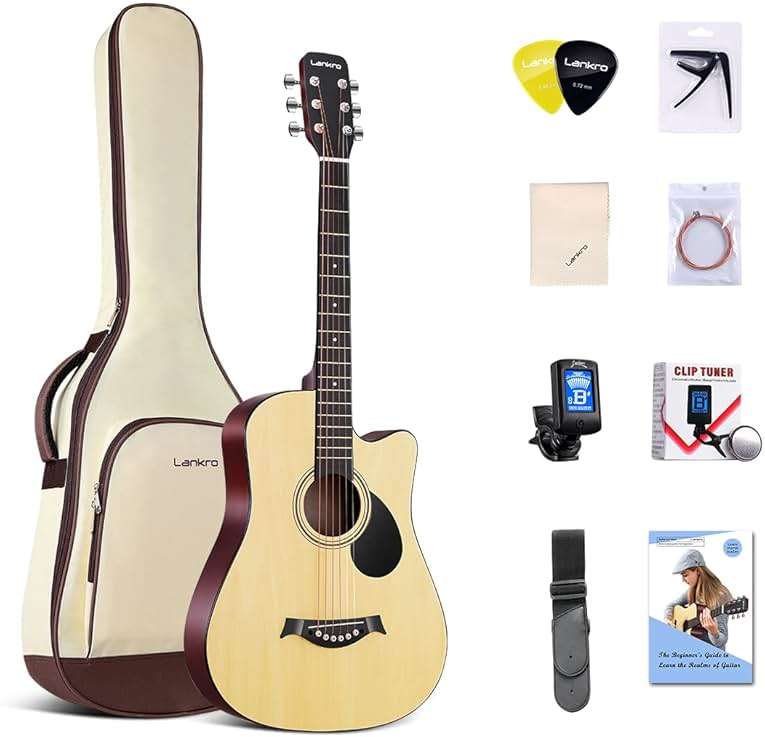 Lankro 38 in Guitar Acoustic Guitar Beginner kit Adult Cutaway Acoustic Guitar Guitarras Starter Set Bundle with Padded Gig Bag, Strap, Capo, Strings, Picks - Image 1