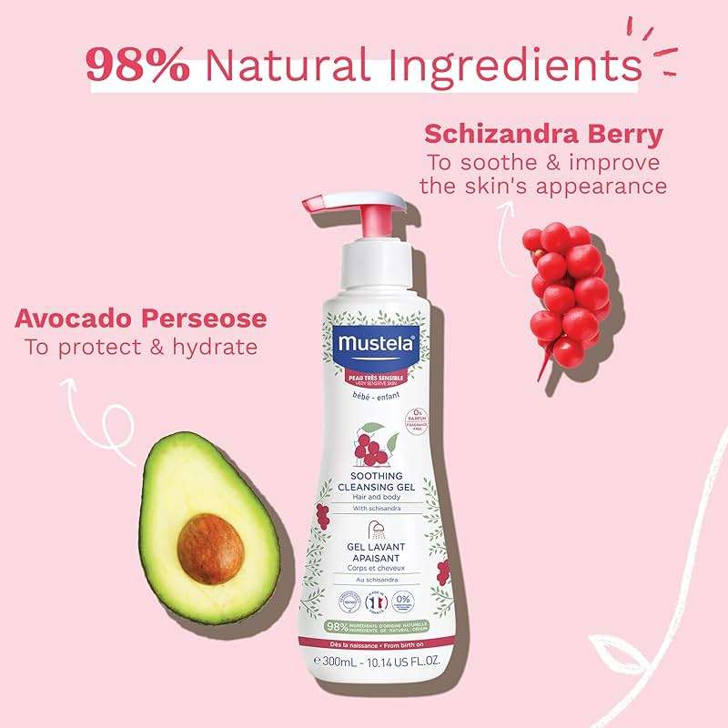 Mustela Baby Soothing Cleansing Gel - Fragrance-Free Hair & Body Wash for Very Sensitive Skin - with Natural Avocado Perseose & Schizandra Berry - 10.14 fl. oz. - Image 4