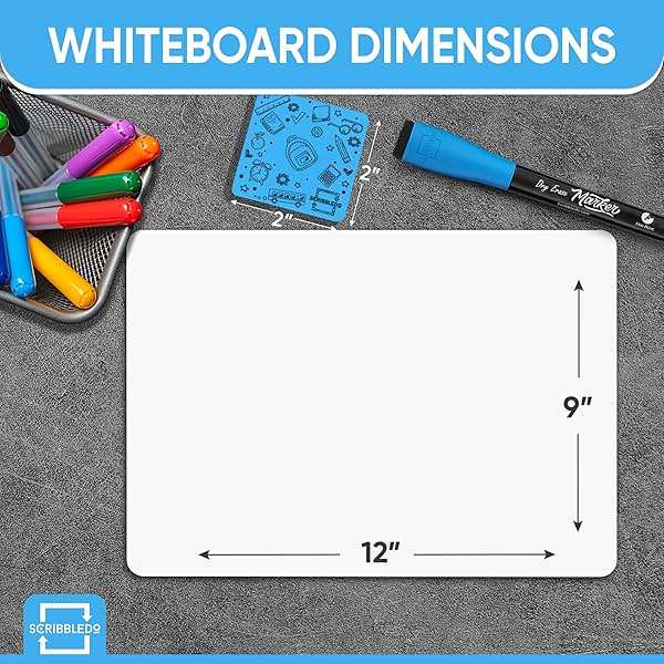 Scribbledo 12 Small White Board Dry Erase Boards Classroom Pack Mini White Boards 9"x12” Double Sided Personal Whiteboards for Students Teachers School Supplies Lapboards Mini Whiteboard Erasers Incl - Image 3