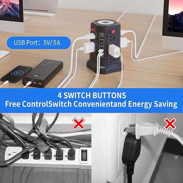 Surge Protector Power Strip Tower with 5 USB Ports and Night Light, 10FT Extension Cord with 12 AC Multiple Outlets, PASSUS Power Tower, Overload Protection for Home Office Dorm Room (Black) - Image 5