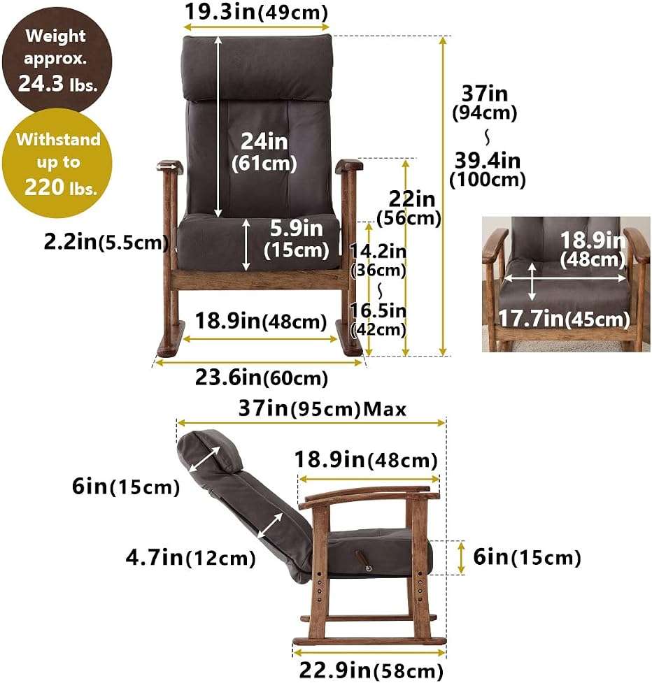 EMOOR Adjustable Recliner Chair for Living Room (Brown), Lounge, Reading, or Accent Chair with Premium PU Leather, Natural Wood Armrest, and Padded Seat Pocket Coils - Image 3